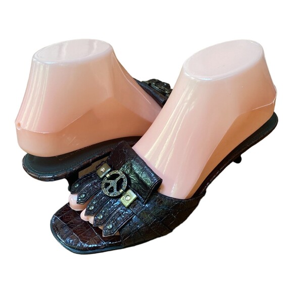 Donald J.Pilner Couture Sz 7.5M Brown Antique Gator Leather Kitten heel sandals - Picture 3 of 12